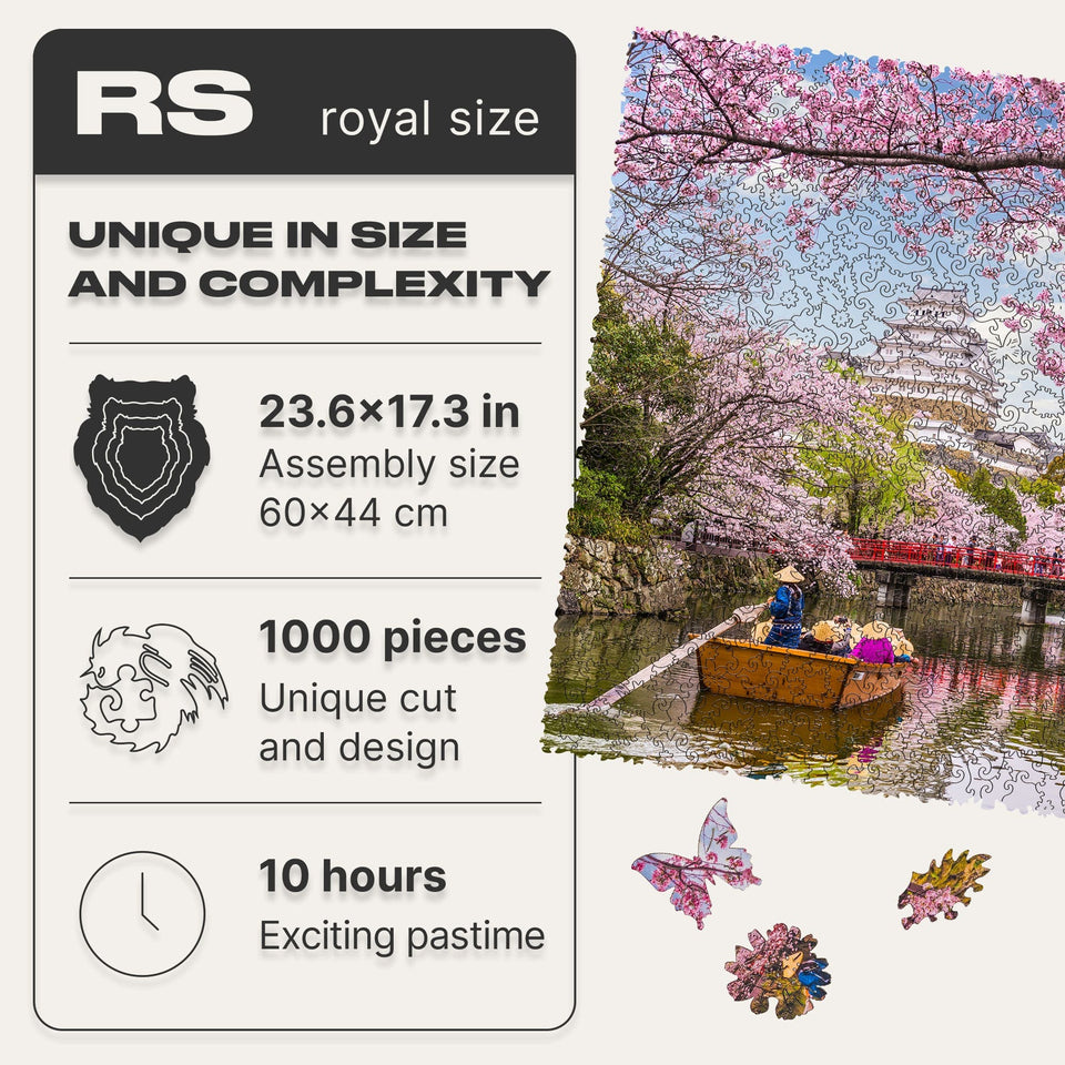 WOOSAIC Sakura Limited Edition wooden travel puzzle — finished puzzle assembled on table