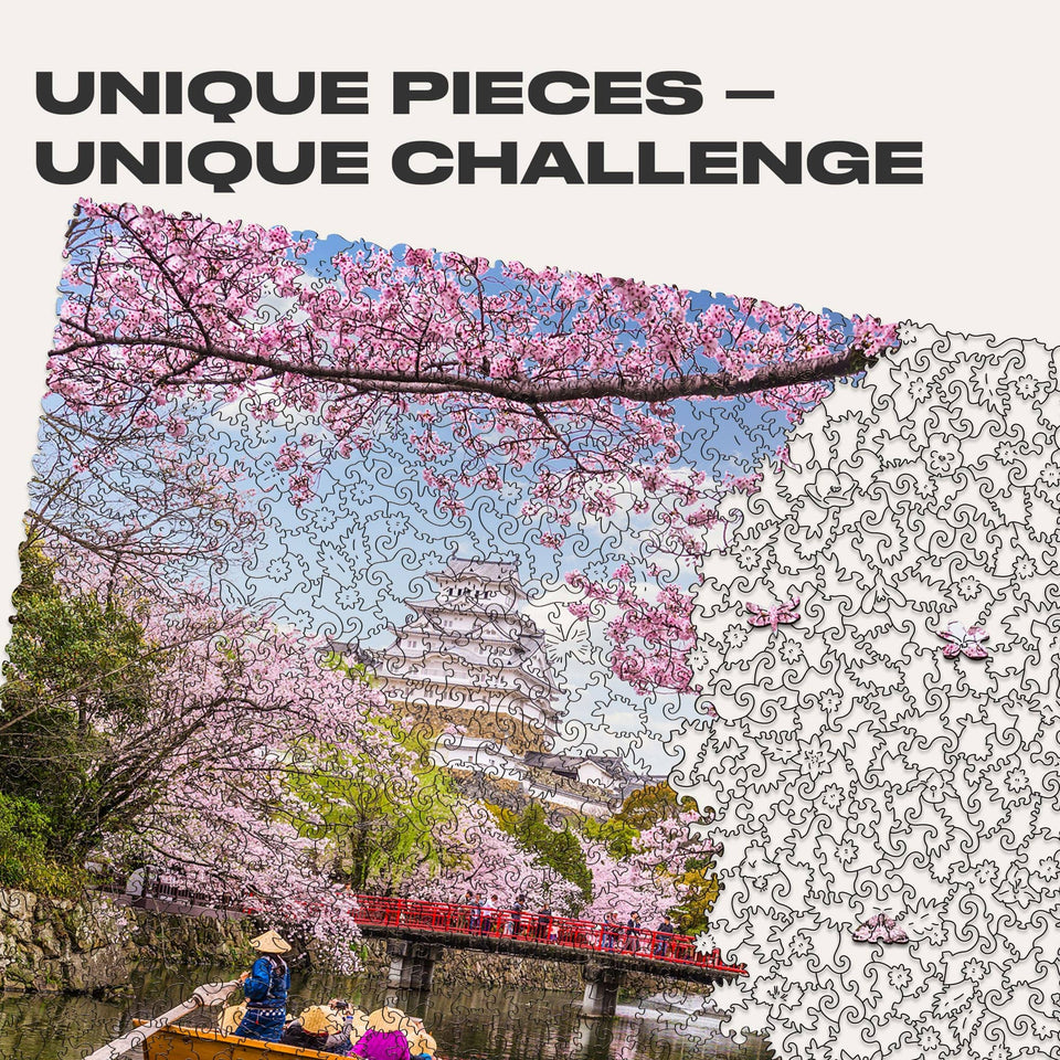WOOSAIC Sakura Limited Edition wooden travel puzzle — close-up of HDF wooden puzzle pieces