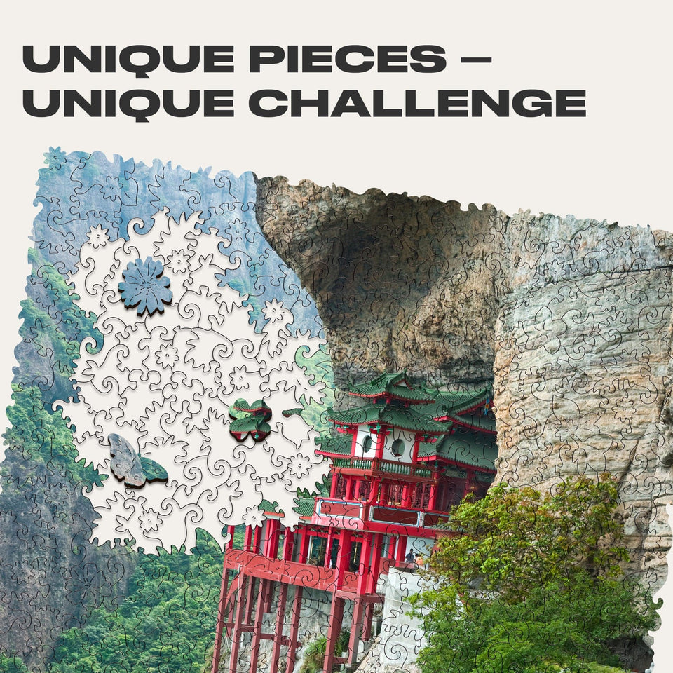 Soaring Temple wooden travel puzzle — close-up of HDF wooden puzzle pieces