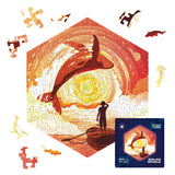Solar Whale wooden brain teaser puzzle — front view with vivid artwork