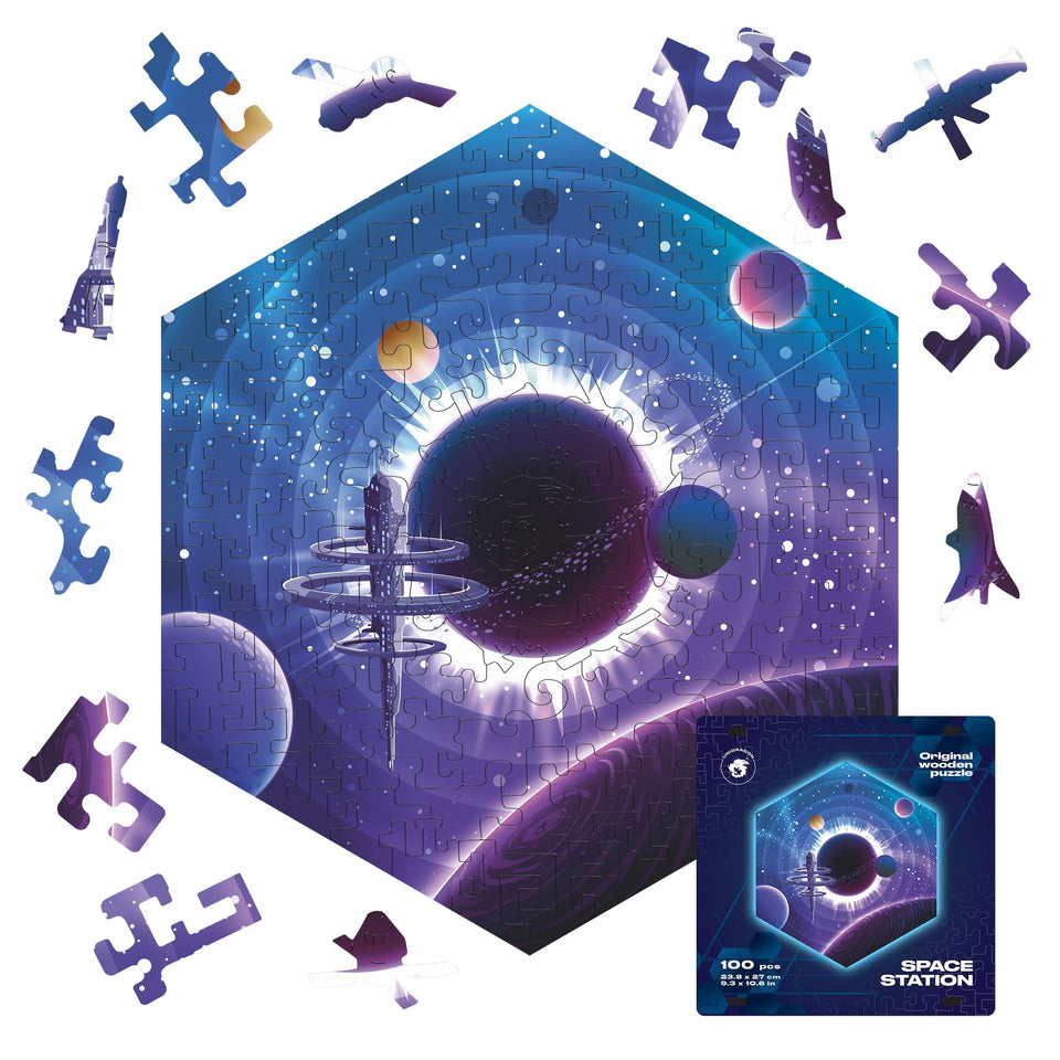 Space Station wooden brain teaser puzzle — front view with vivid artwork