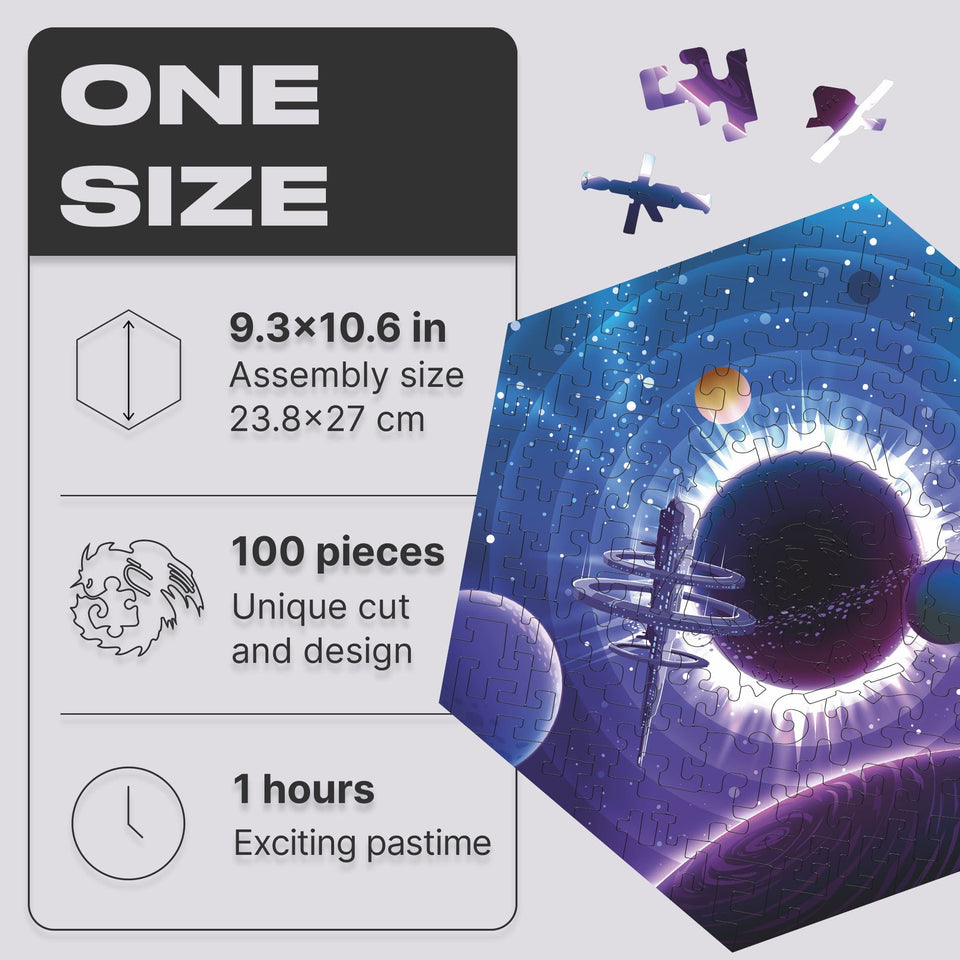 Space Station wooden brain teaser puzzle — close-up of HDF wooden puzzle pieces