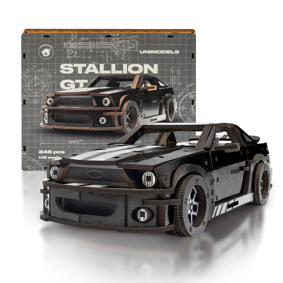 Stallion GT Black Puzzle wooden car puzzle — front view with vivid artwork