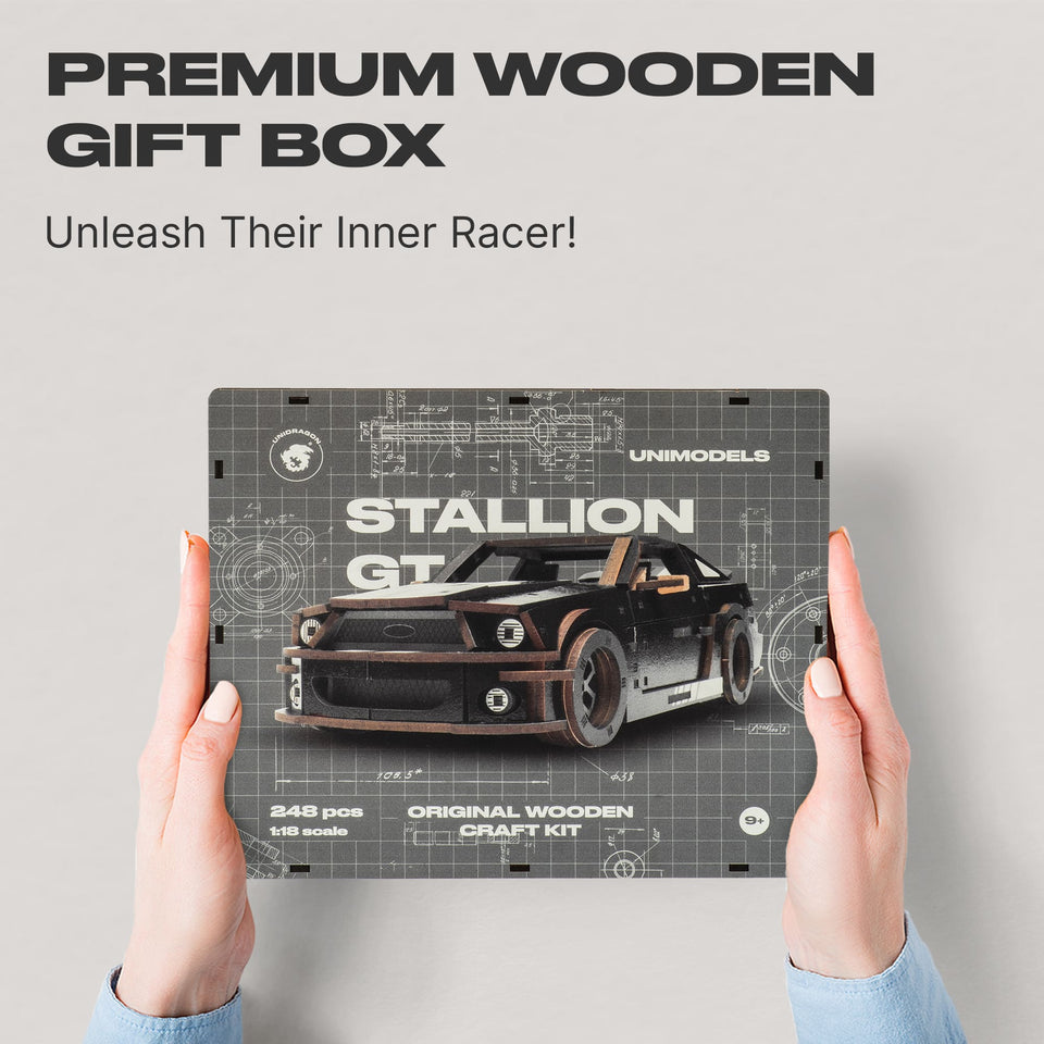 Stallion GT Black Puzzle wooden car puzzle — hand holding wooden puzzle piece detail