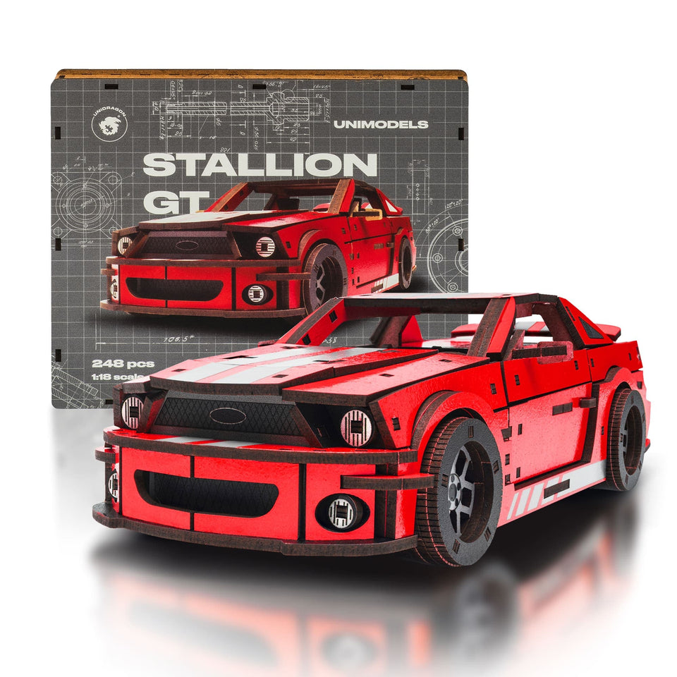 Stallion GT Red Puzzle wooden car puzzle — front view with vivid artwork