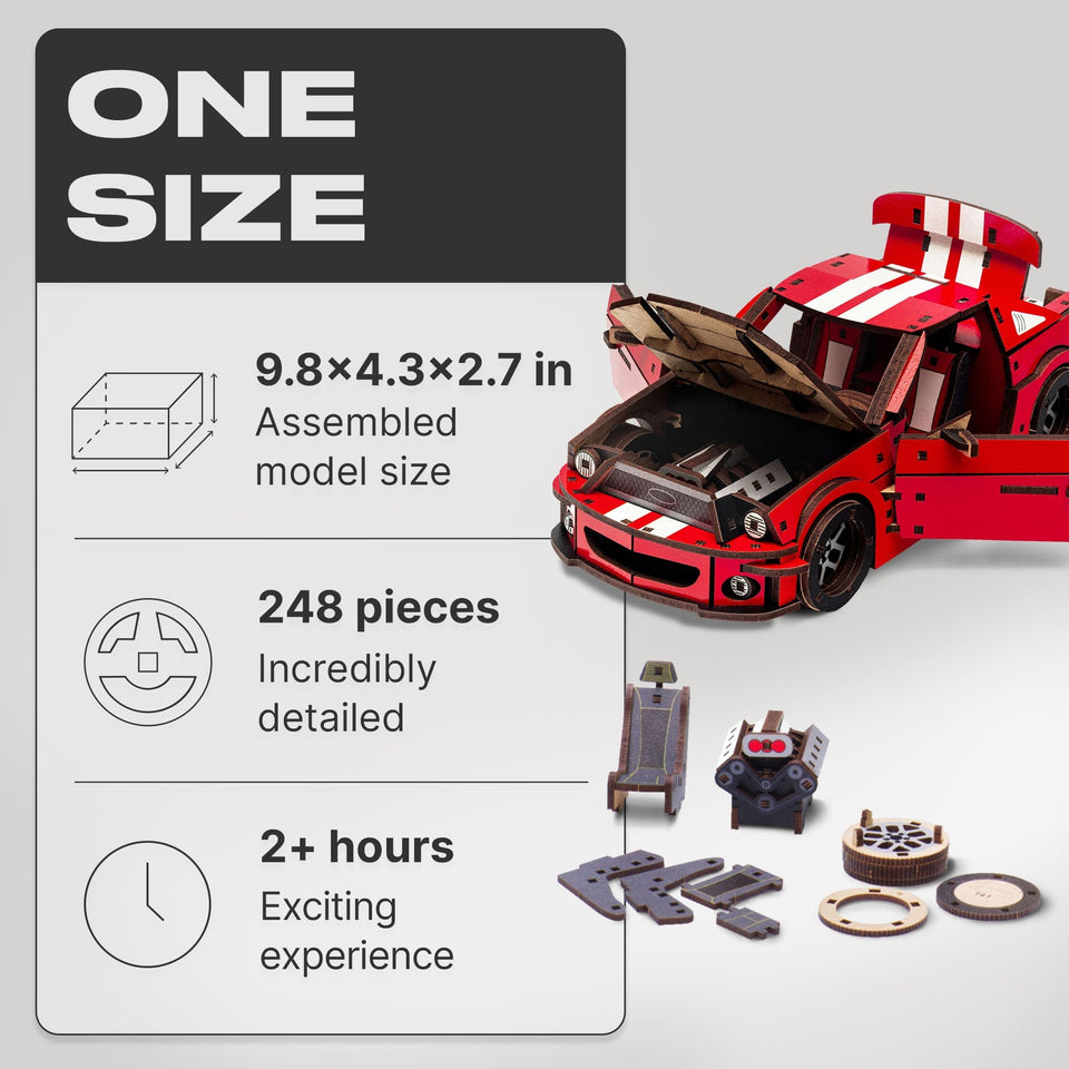 Stallion GT Red Puzzle wooden car puzzle — close-up of HDF wooden puzzle pieces