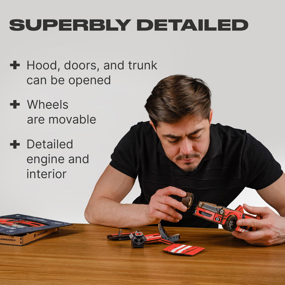 Stallion GT Red Puzzle wooden car puzzle — finished puzzle assembled on table
