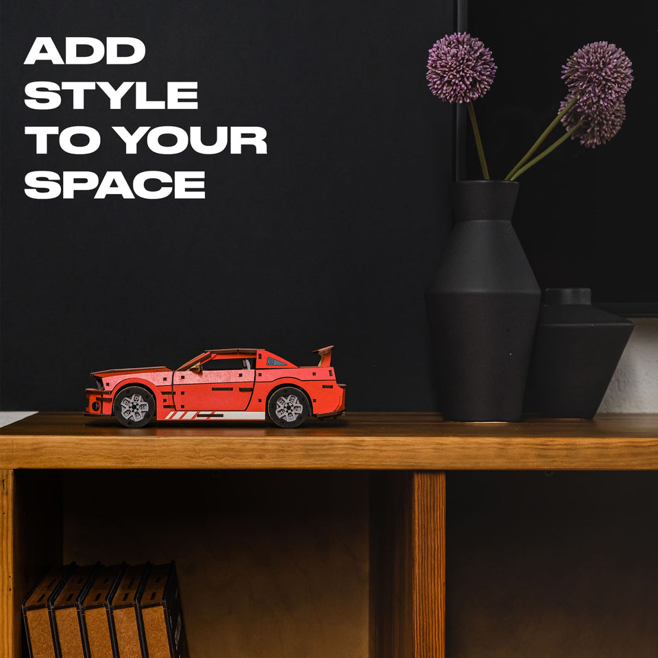 Stallion GT Red Puzzle wooden car puzzle — puzzle pieces showing laser-cut shapes