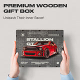 Stallion GT Red Puzzle wooden car puzzle — hand holding wooden puzzle piece detail