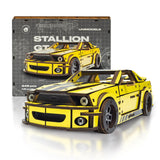 Stallion GT Yellow Puzzle wooden car puzzle — front view with vivid artwork