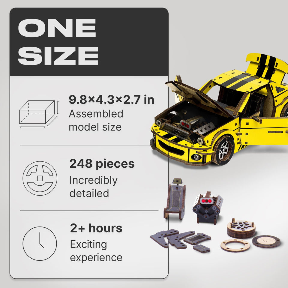 Stallion GT Yellow Puzzle wooden car puzzle — close-up of HDF wooden puzzle pieces
