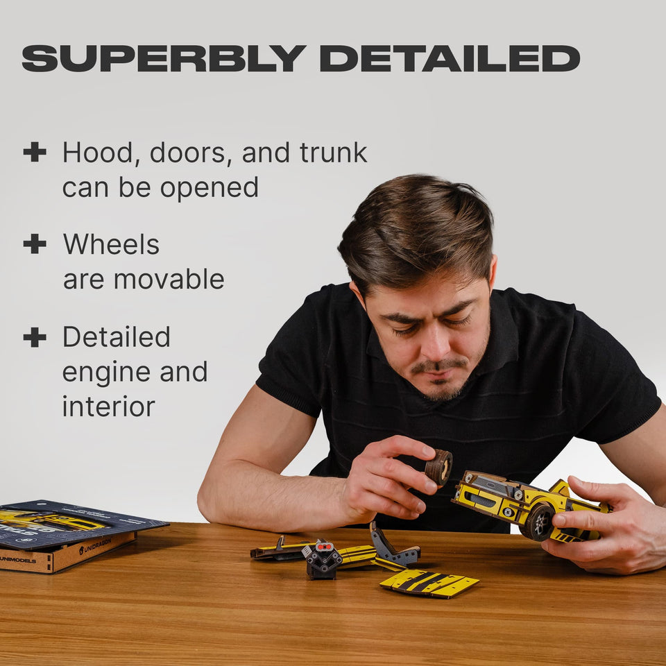 Stallion GT Yellow Puzzle wooden car puzzle — finished puzzle assembled on table
