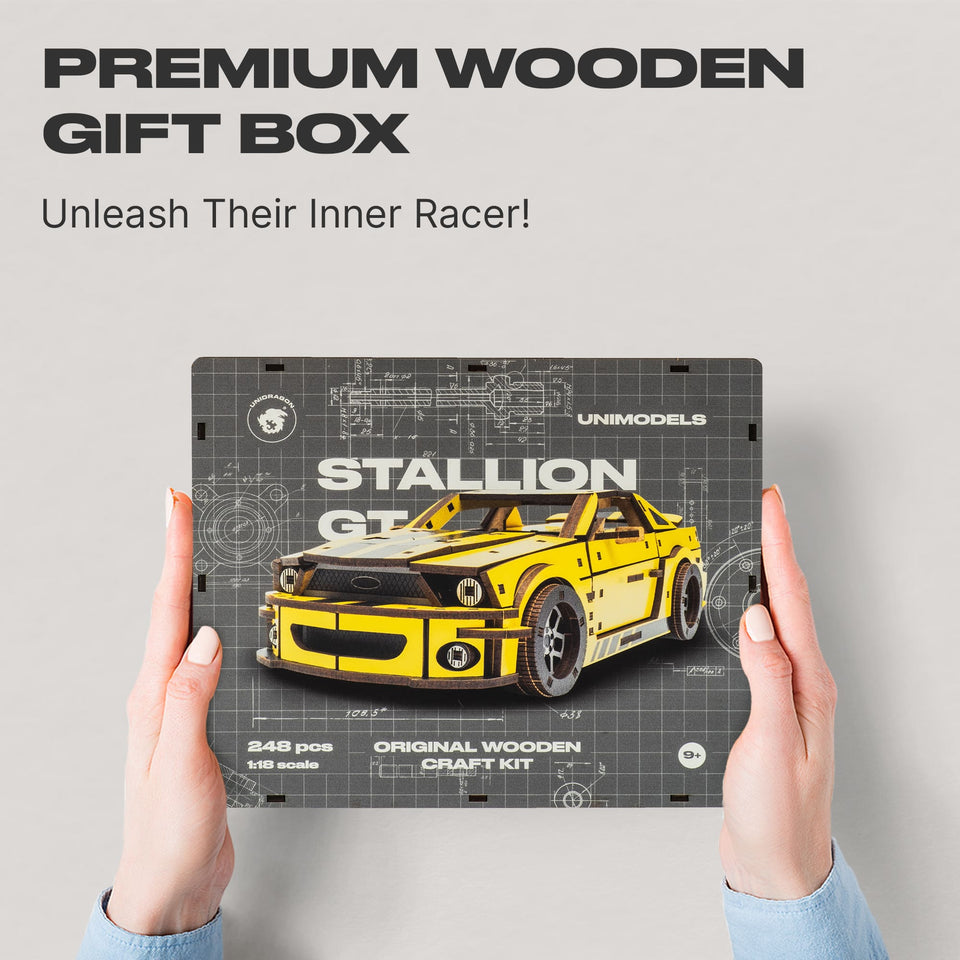 Stallion GT Yellow Puzzle wooden car puzzle — hand holding wooden puzzle piece detail