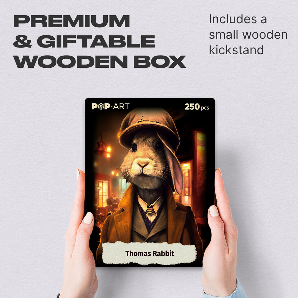Thomas Rabbit wooden puzzle — hand holding wooden puzzle piece detail