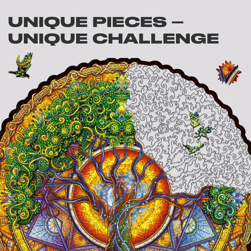 Mandala Tree of Life mandala wooden puzzle — close-up of HDF wooden puzzle pieces