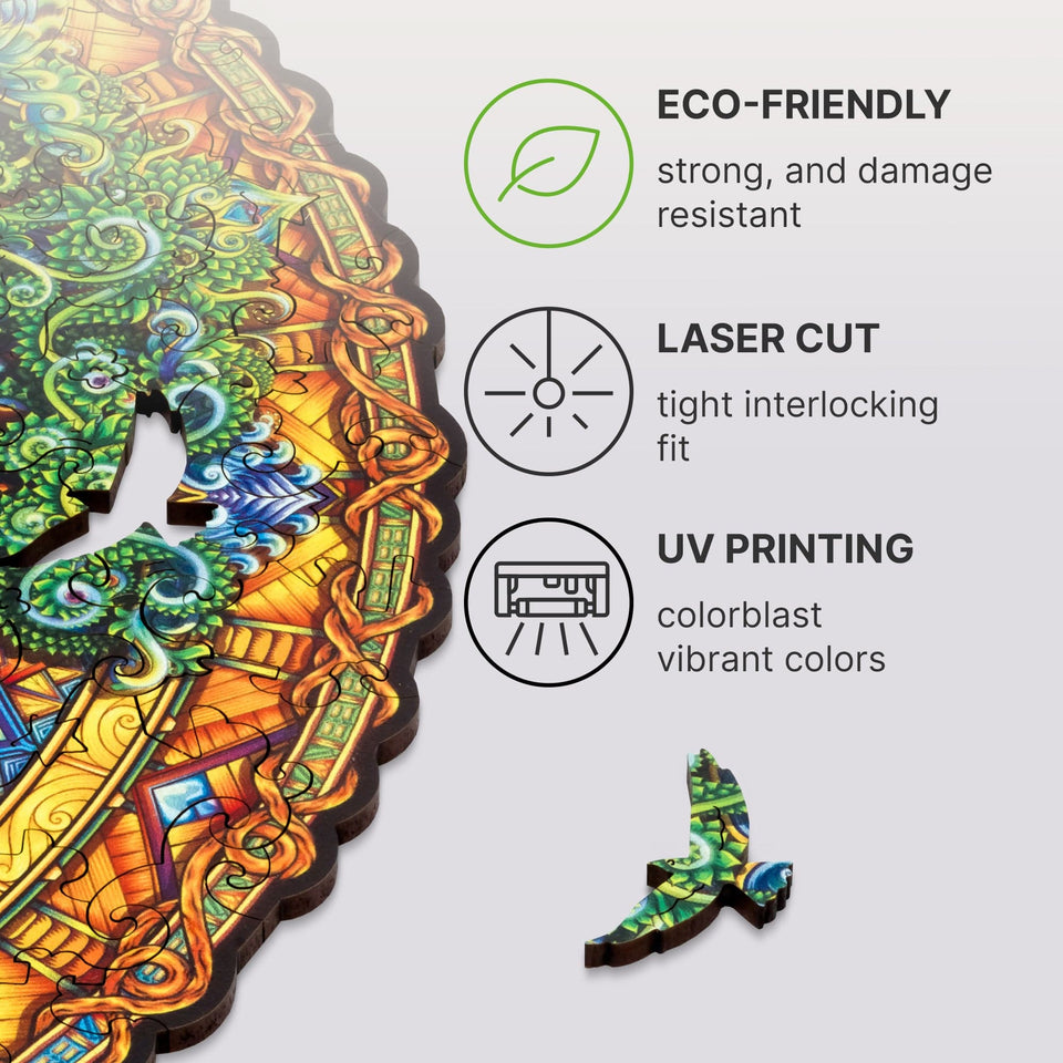Mandala Tree of Life mandala wooden puzzle — hand holding wooden puzzle piece detail