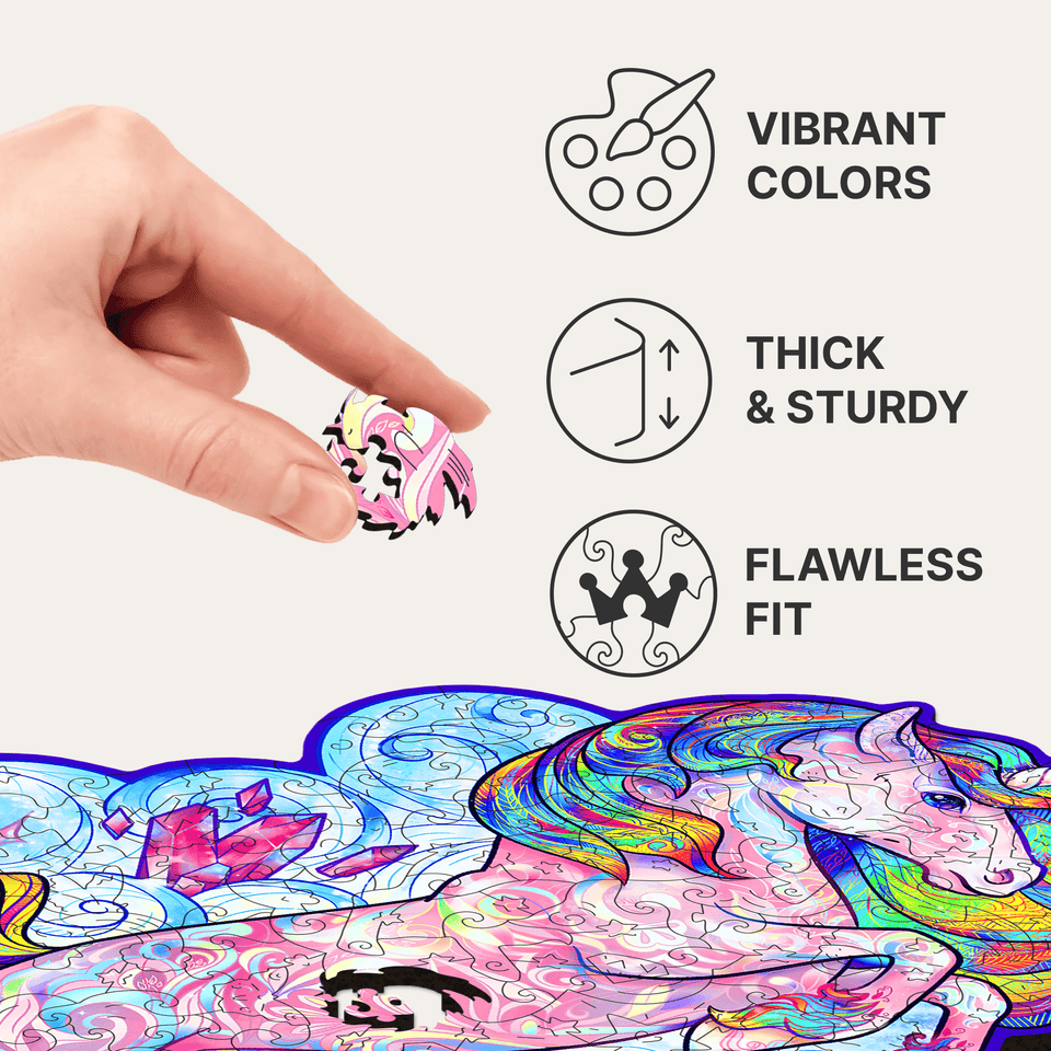 Inspiring Unicorn wooden animal puzzle — finished puzzle assembled on table
