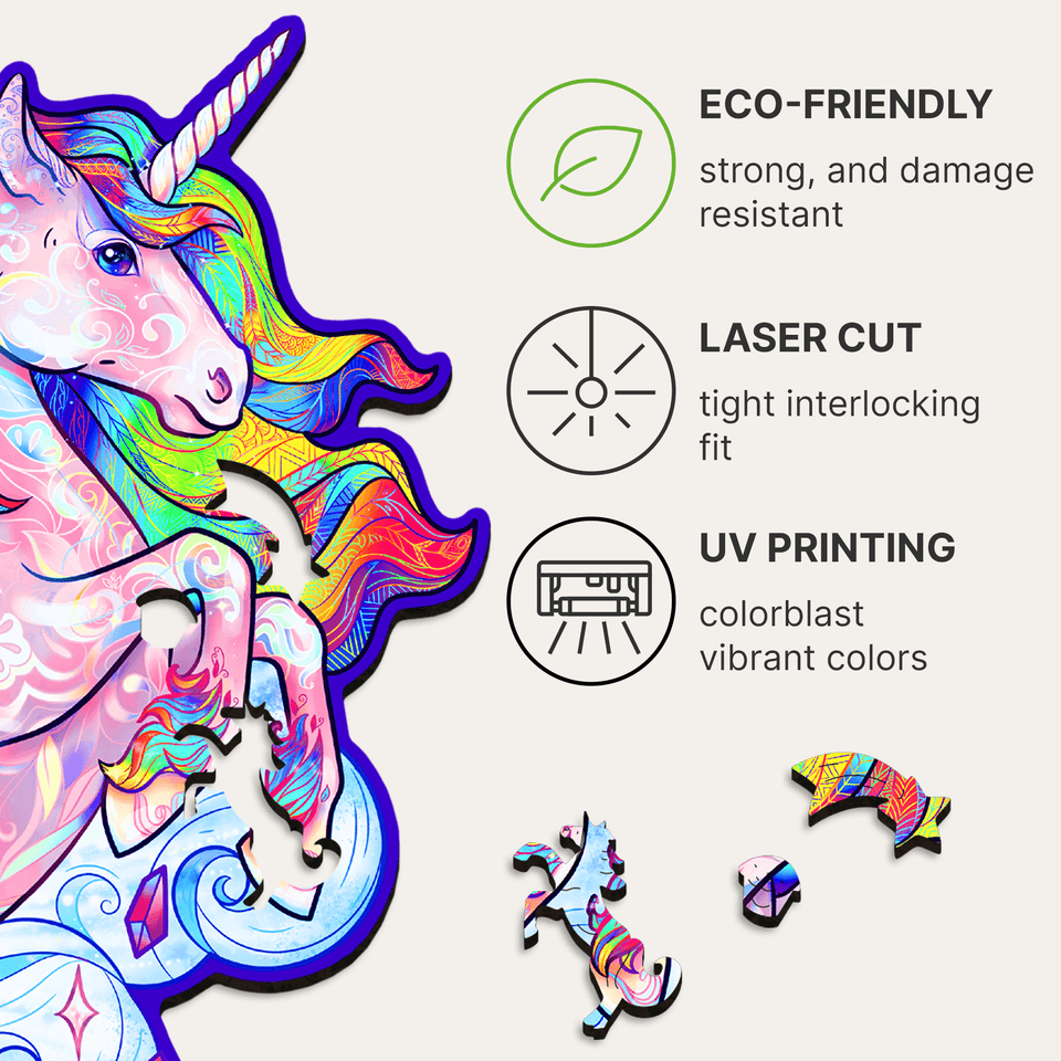 Inspiring Unicorn wooden animal puzzle — hand holding wooden puzzle piece detail