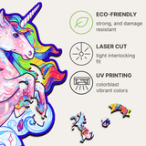 Inspiring Unicorn wooden animal puzzle — hand holding wooden puzzle piece detail