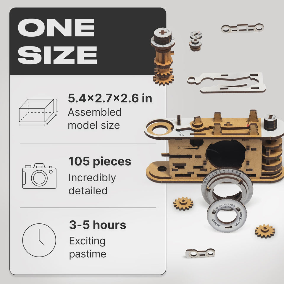 Camera Unimar wooden puzzle — close-up of HDF wooden puzzle pieces