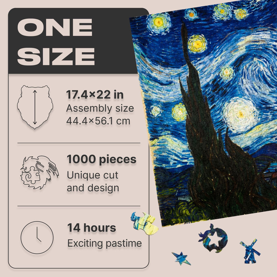 Starry Night wooden art puzzle — close-up of HDF wooden puzzle pieces