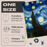 Starry Night wooden art puzzle — close-up of HDF wooden puzzle pieces