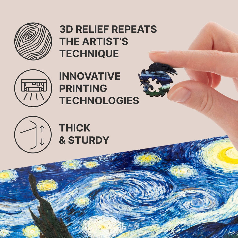 Starry Night wooden art puzzle — puzzle pieces showing laser-cut shapes