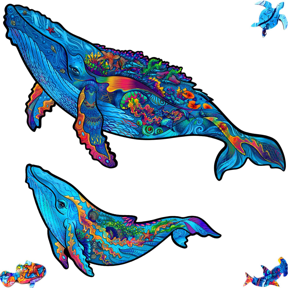 Milky Whales 2 in 1 wooden puzzle — front view with vivid artwork