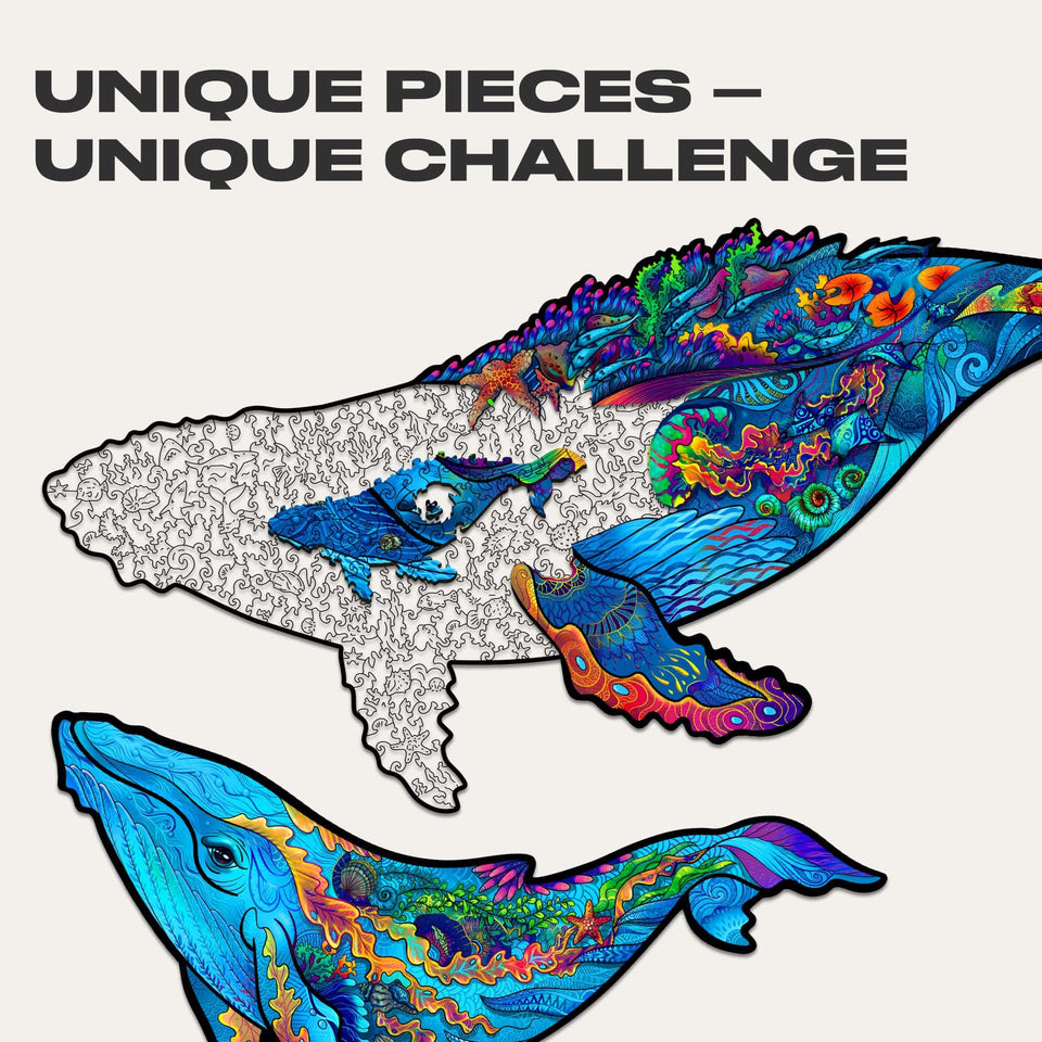 Milky Whales 2 in 1 wooden puzzle — close-up of HDF wooden puzzle pieces