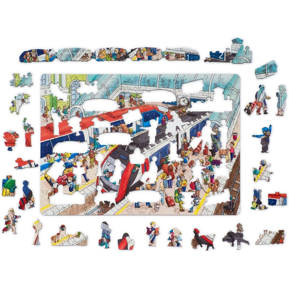 Station City wooden art puzzle — finished puzzle assembled on table