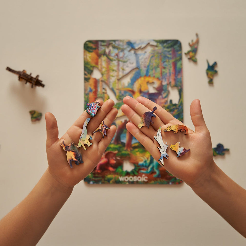 Triceratops wooden dinosaur puzzle for kids — close-up of HDF wooden puzzle pieces