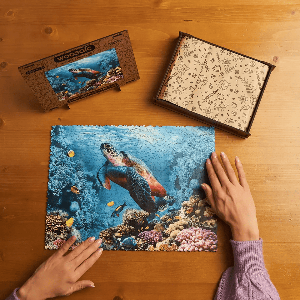 Shimmering Turtle wooden puzzle — close-up of HDF wooden puzzle pieces