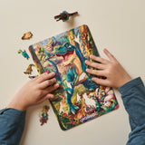 Tyrannosaurus Rex wooden dinosaur puzzle for kids — close-up of HDF wooden puzzle pieces