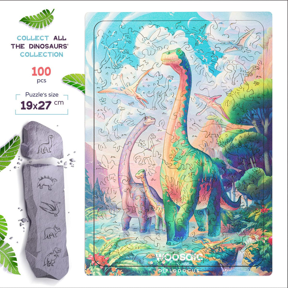 Diplodocus wooden dinosaur puzzle for kids — designer gift box and packaging