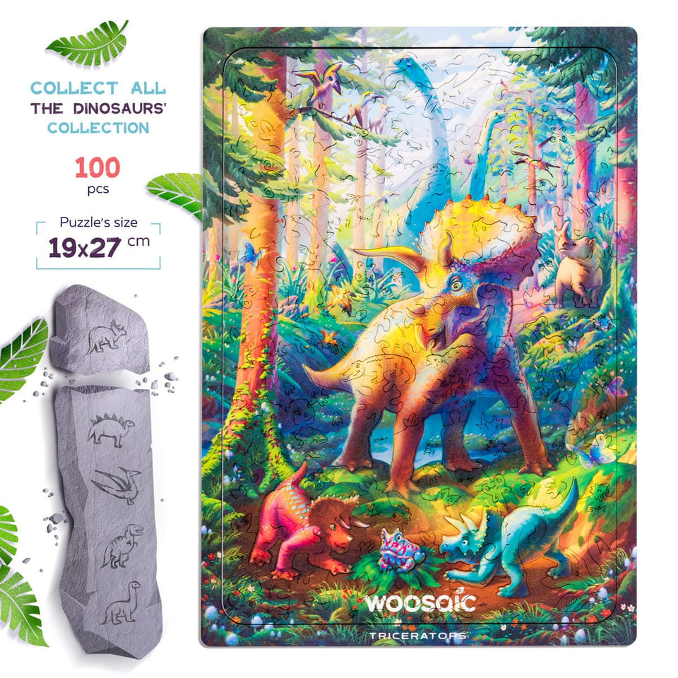 Triceratops wooden dinosaur puzzle for kids — designer gift box and packaging