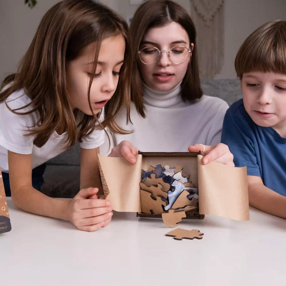 Wolf Bubblezz Bubblezz wooden puzzle — in use with hands assembling