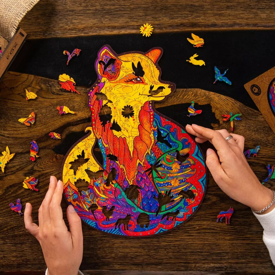Alluring Fox wooden puzzle with animal-shaped pieces and vivid artwork — reverse side hidden nature scene