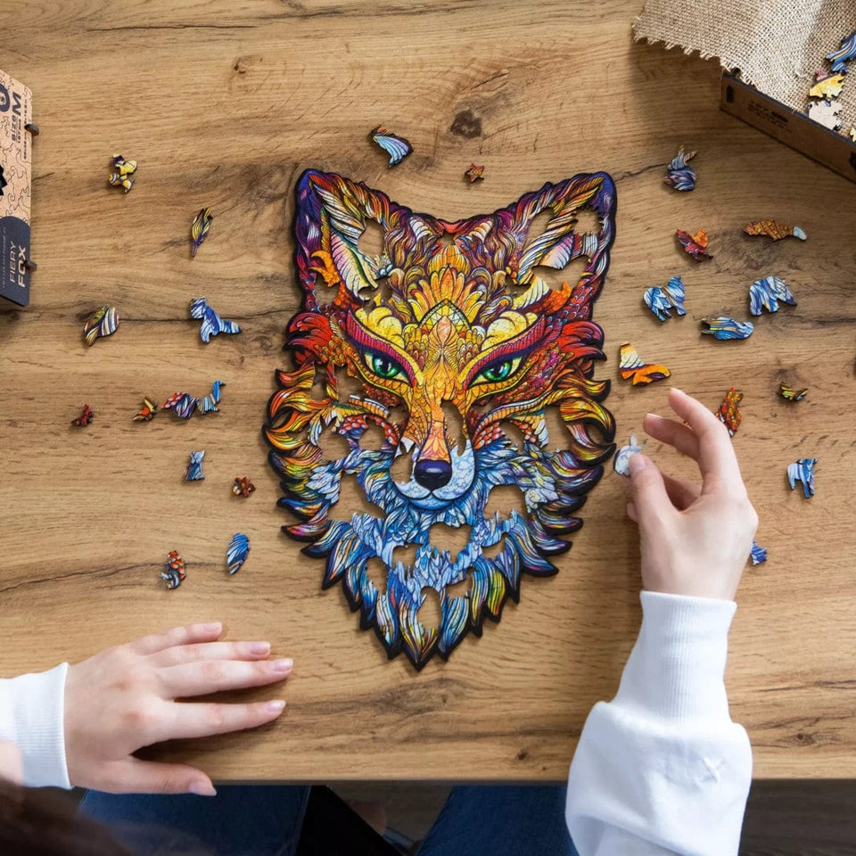 Fiery Fox wooden jigsaw puzzle with whimsy animal-shaped pieces — reverse side hidden nature scene