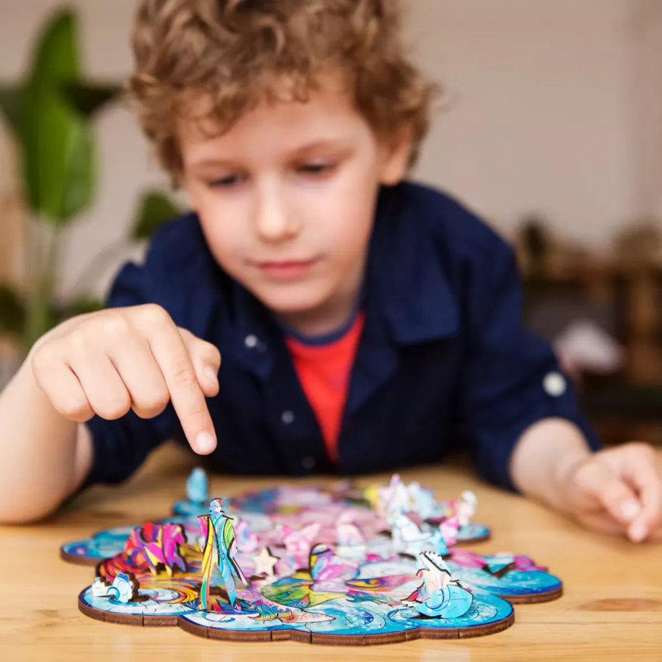 Inspiring Unicorn wooden puzzle — close-up of HDF wooden puzzle pieces