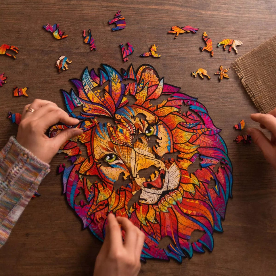 Mysterious Lion wooden jigsaw puzzle for adults with animal-shaped pieces — reverse side hidden nature scene
