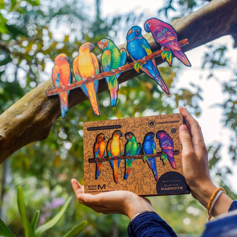 Playful Parrots 5 in 1 wooden puzzle — in use with hands assembling