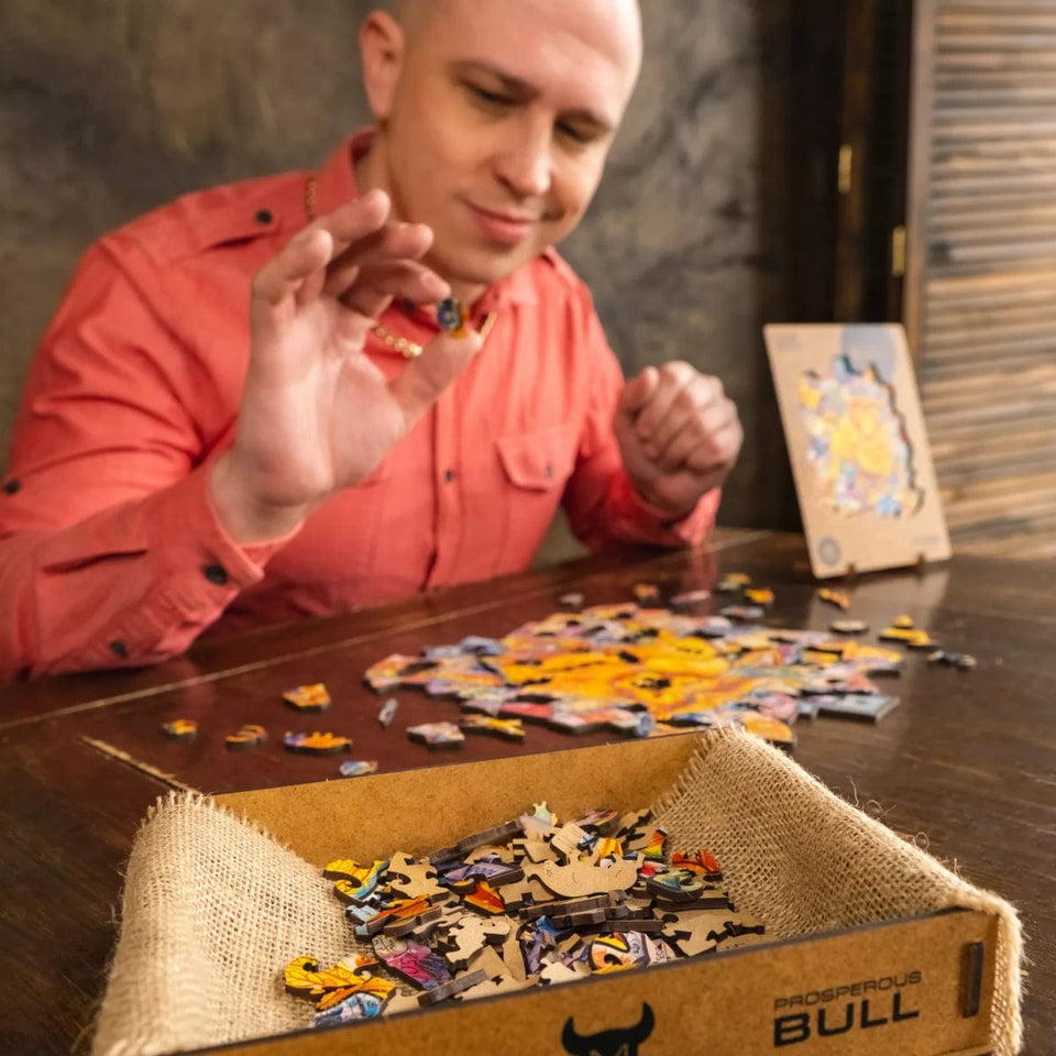 Prosperous Bull wooden jigsaw puzzle with animal-shaped pieces — size comparison and dimensions