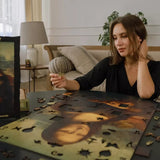 Mona Lisa wooden art puzzle — in use with hands assembling