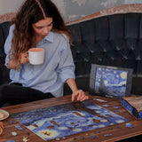 Starry Night wooden art puzzle — in use with hands assembling