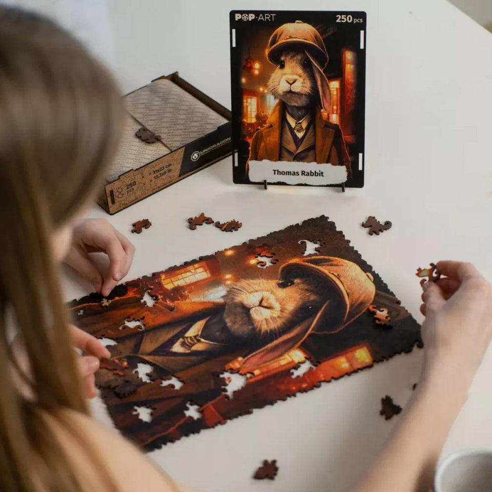 Thomas Rabbit wooden puzzle — premium HDF laser-cut puzzle close-up