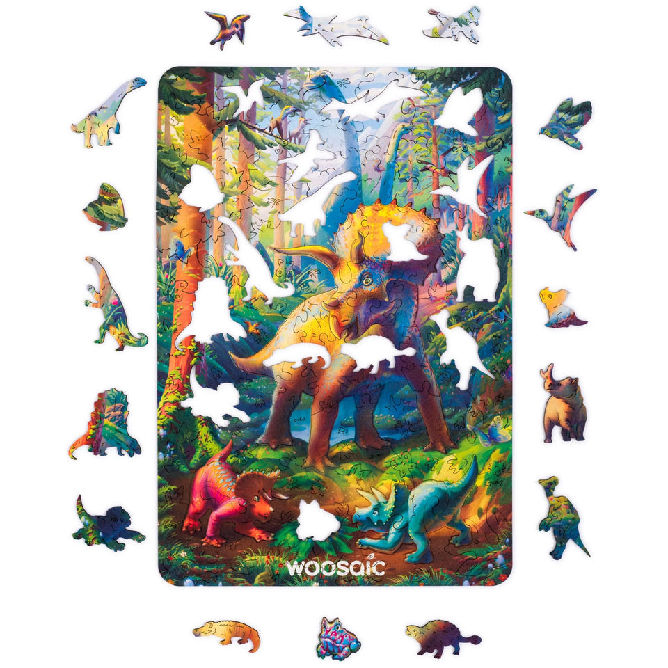 Triceratops wooden dinosaur puzzle for kids — finished puzzle assembled on table