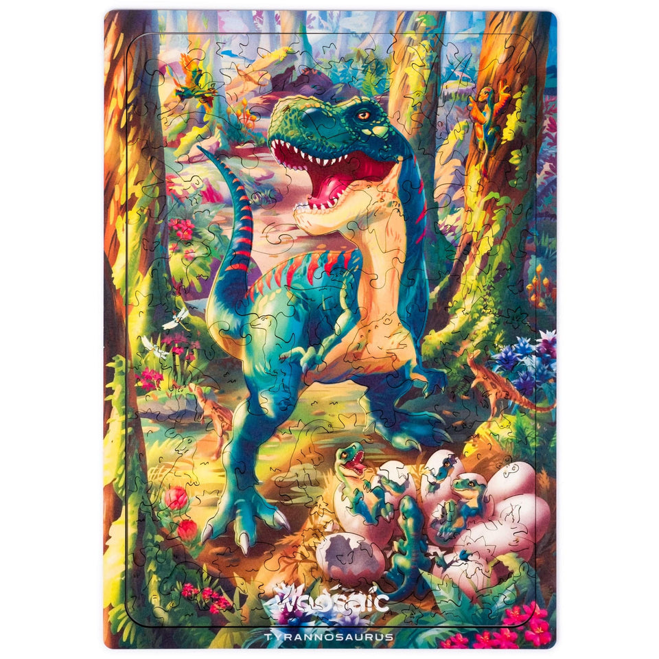 Tyrannosaurus Rex wooden dinosaur puzzle for kids — front view with vivid artwork