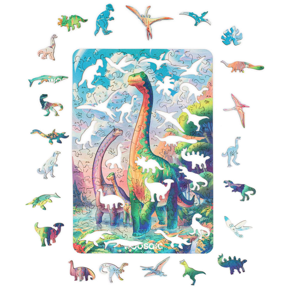 Diplodocus wooden dinosaur puzzle for kids — finished puzzle assembled on table