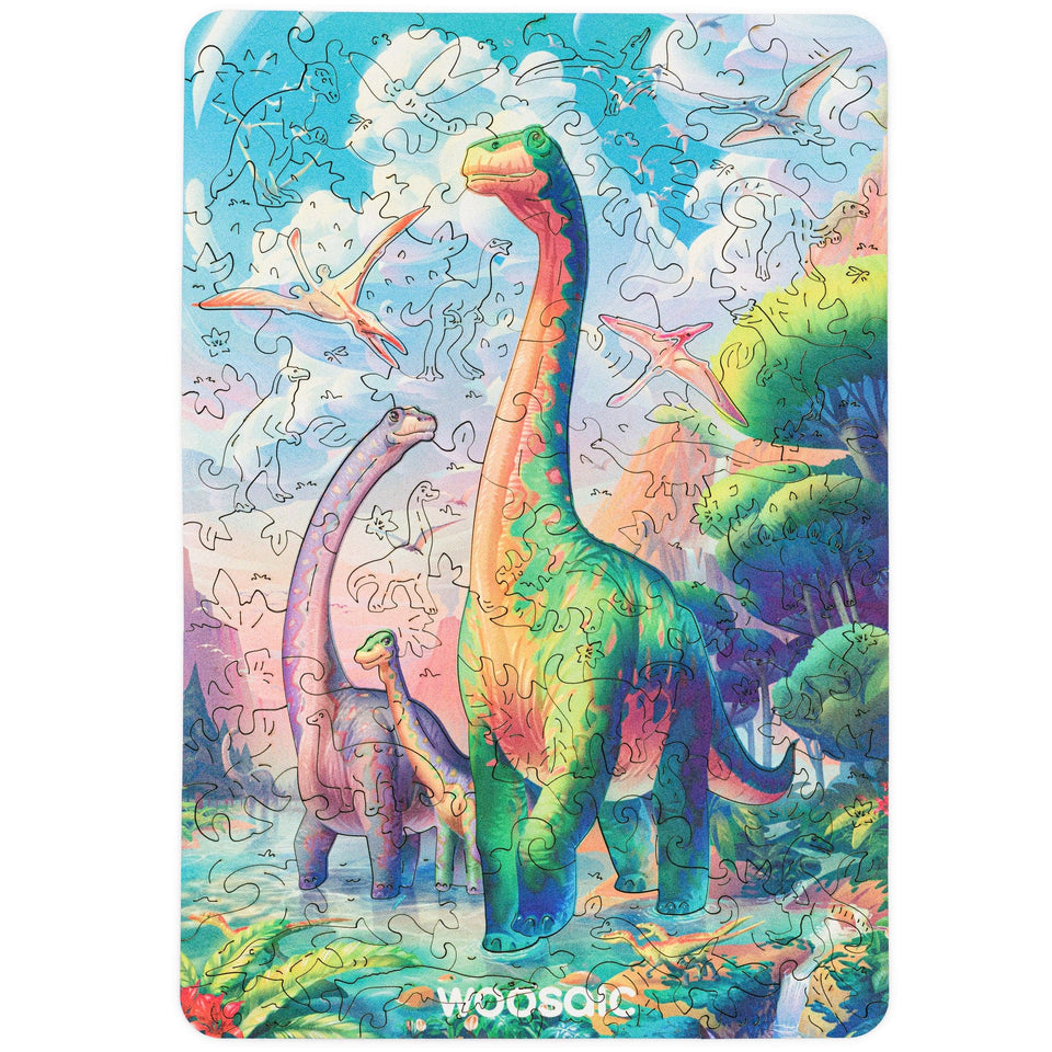 Diplodocus wooden dinosaur puzzle for kids — front view with vivid artwork