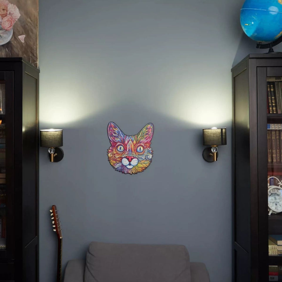 Impressive Cat wooden animal puzzle — in use with hands assembling